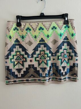 Express Sequin Aztec Mini Skirt - Beige with Green & Navy Accents